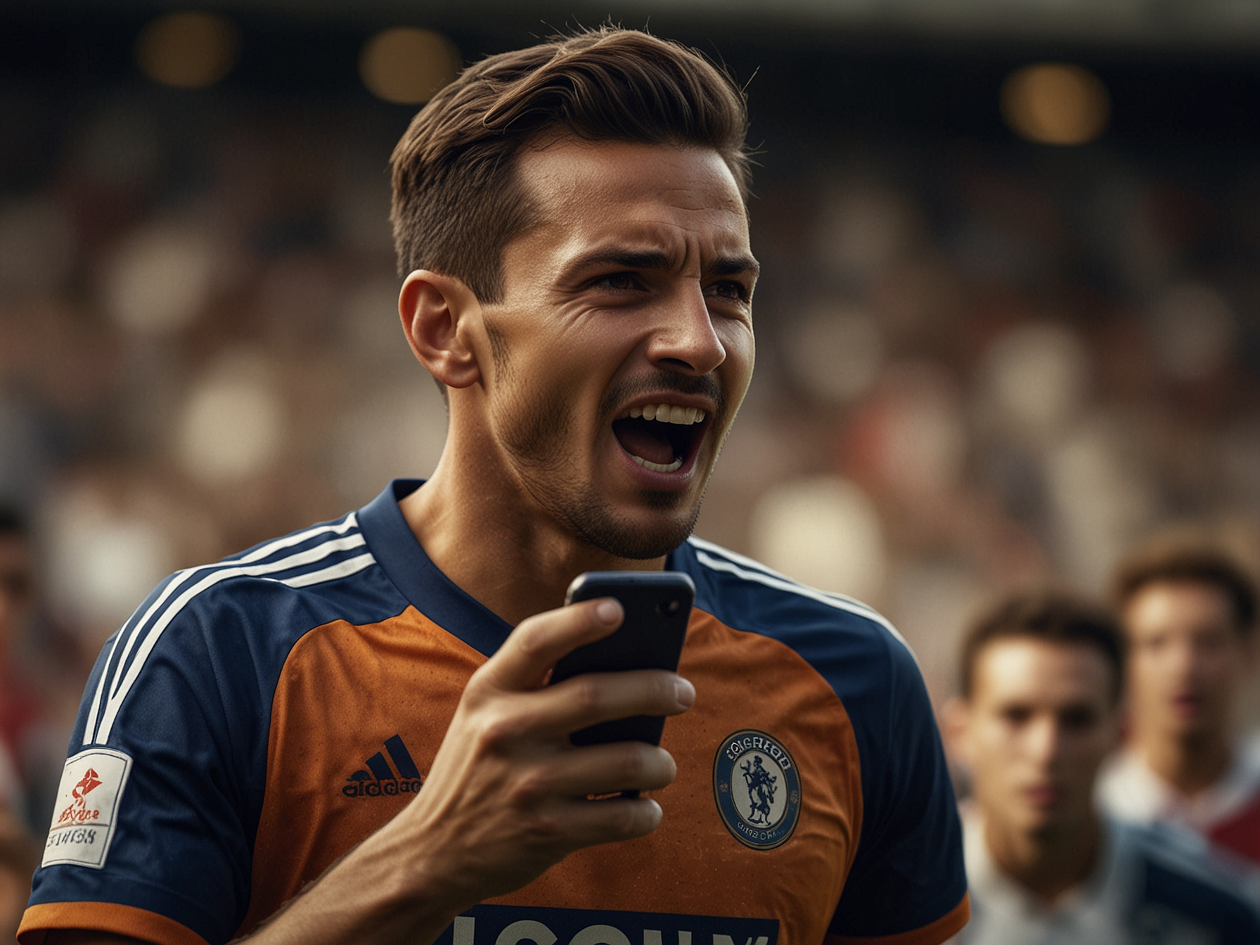 Atleta celebrando una victoria y señalando un móvil